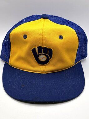 Vintage 1980s/90s Milwaukee Brewers Hat Trucker Mesh Back Snapback USA Blue Ylw